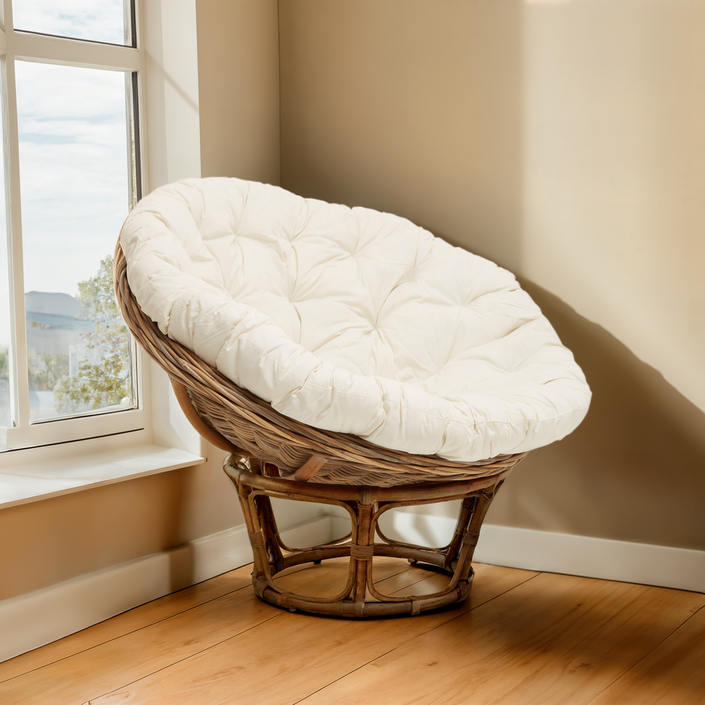 Manado Round Grey Kubu Rattan Papasan Chair with Cream Cushion